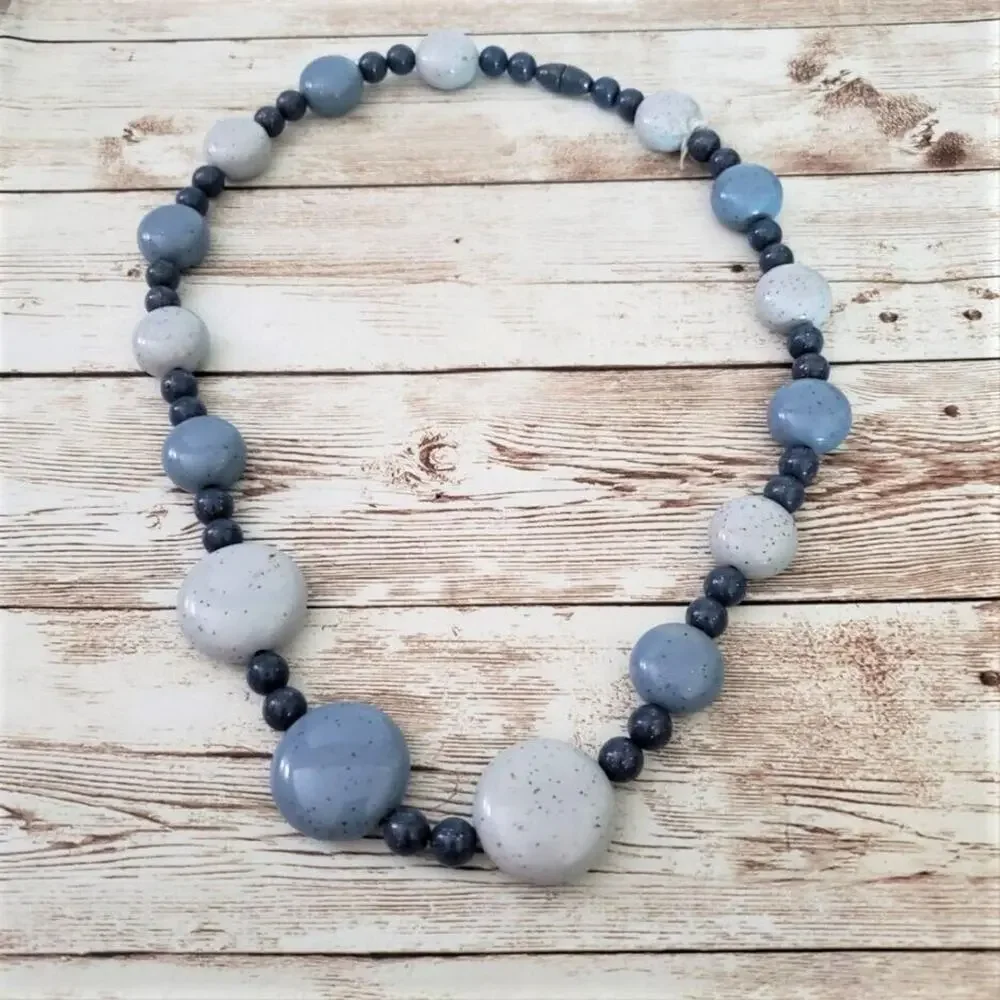 Vintage Necklace - Statement Chunky Round Shades of Blue Beaded Necklace